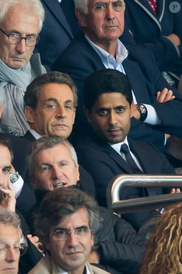 Nicolas Sarkozy, Nasser Al-Khelaïfi - Nicolas Sarkozy assiste au match de football entre le PSG et Lyon au Parc des Princes à Paris le 21 septembre 2014.