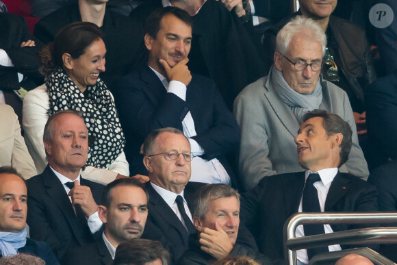 Bernard Lacombe, Jean-Michel Aulas, Nicolas Sarkozy - Nicolas Sarkozy assiste au match de football entre le PSG et Lyon au Parc des Princes à Paris le 21 septembre 2014.