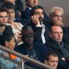 Florent Manaudou, Lilian Thuram, Ary Abittan, Raymond Domenech, Alain Boghossian au match de football entre le Psg et Lyon au Parc des Princes à Paris le 21 septembre 2014.