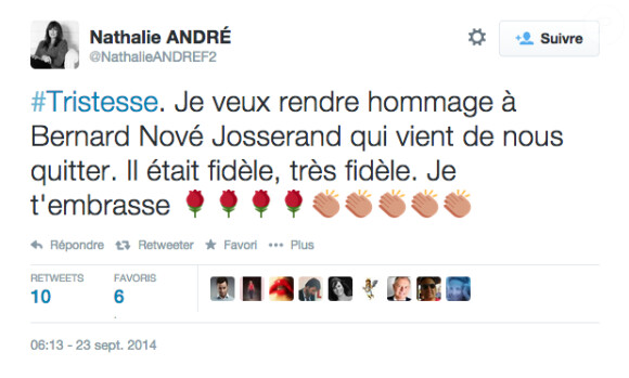 Nathalie André rend hommage à Bernard Nove Josserand, l'attaché de presse mort le 23 septembre 2014. 
