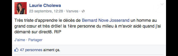 Laurie Cholewa rend hommage à Bernard Nove Josserand, l'attaché de presse mort le 23 septembre 2014. 