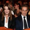 Nicolas Sarkozy et Carla Bruni-Sarkozy vont voir la pièce "Hôtel Europe" de Bernard-Henri Lévy au Théâtre de l'Atelier à Paris, le 12 septembre 2014.