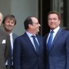 Laurent Fabius, Nicolas Hulot, François Hollande, Arnold Schwarzenegger au palais de l'Elysée à Paris, le 10 octobre 2014.