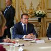Le président François Hollande reçoit M. Arnold Schwarzenegger, ancien gouverneur de l'Etat de Californie, fondateur et vice-président du réseau des régions pour le Climat "R 20" au palais de l'Elysée à Paris, le 10 octobre 2014.