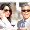 George Clooney et sa femme Amal Alamuddin quittent l'hôtel Aman, où ils ont passé leur nuit de noces à Venise, le 28 septembre 2014.
