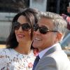 George Clooney et sa femme Amal Alamuddin quittent l'hôtel Aman, où ils ont passé leur nuit de noces à Venise. Le 28 septembre 2014.