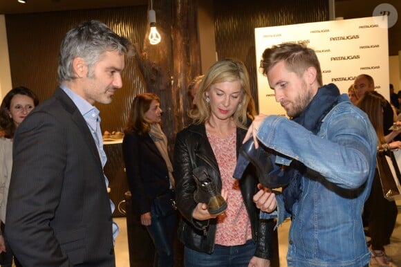 François Vincentelli, Michèle Laroque et Philippe Lacheau à l'inauguration de la boutique "Pataugas" à Paris le 14 octobre 2014