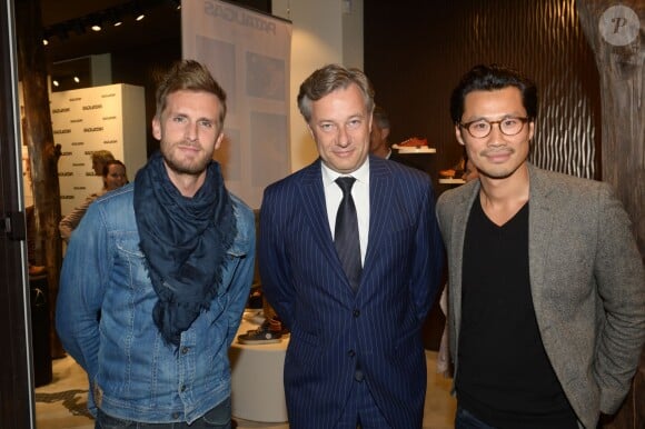 Philippe Lacheau, Marc Lelandais (Pdg du groupe Vivarte) et Frédéric Chau à l'inauguration de la boutique "Pataugas" à Paris le 14 octobre 2014