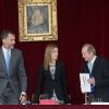 Le roi Felipe VI et la reine Letizia d'Espagne lors de l'édition du tricentenaire du dictionnaire de langue espagnole, le 17 octobre 2014 à l'Académie royale des sciences, à Madrid.