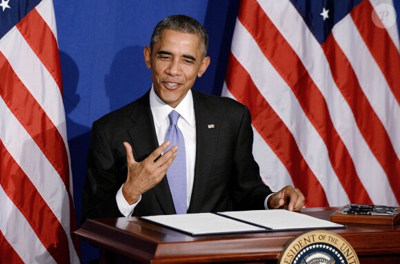 Barack Obama lors d'une conférence à Washington sur la fraude bancaire le 17 octobre 2014. 