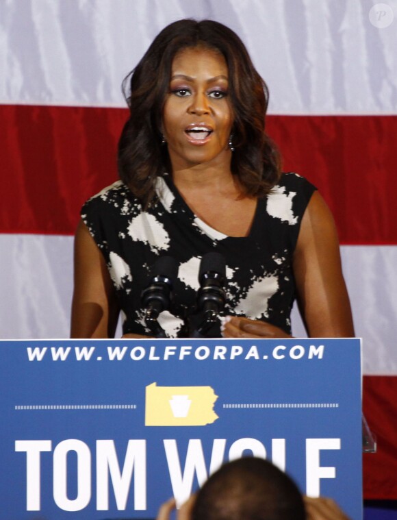 La première dame des Etats-Unis, Michelle Obama, a prononcé un discours en soutien au démocrate Tom Wolf pour sa candidature au poste de gouverneur de Philadelphie le 15 octobre 2014