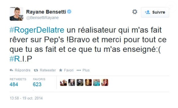 Rayane Bensetti ému par la mort de Roger Delattre sur Twitter, le 19 octobre 2014