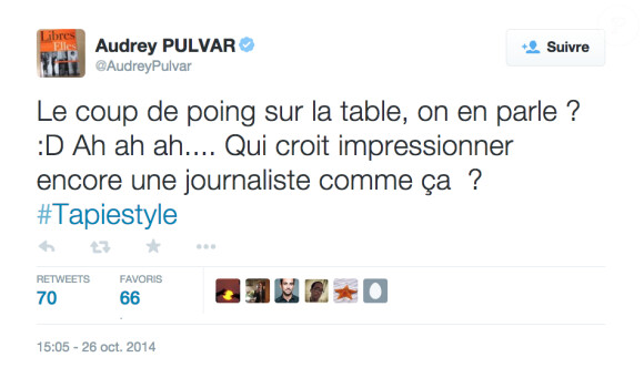 Sur Twitter, Audrey Pulvar tourne en dérision la réaction de Bernard Tapie sur son plateau dimanche 26 octobre 2014.