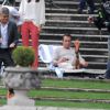 George Clooney et Jean Dujardin tournent la nouvelle publicité Nespresso à Cernobbio, le 28 août 2014.