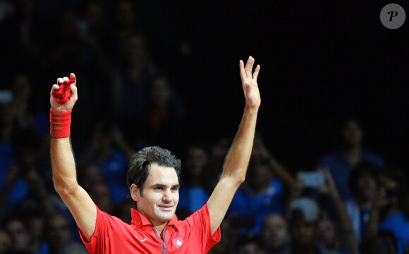 Roger Federer - Finale de la Coupe Davis au Stade Pierre Mauroy de Lille. Roger Federer remporte le match qui l'opposait à Richard Gasquet (6/4-6/2-6/2) le 23 novembre 2014.