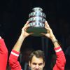 Roger Federer - Finale de la Coupe Davis au Stade Pierre Mauroy de Lille. Roger Federer remporte le match qui l'opposait à Richard Gasquet (6/4-6/2-6/2) le 23 novembre 2014.