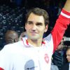 Roger Federer - Finale de la Coupe Davis au Stade Pierre Mauroy à Lille. Roger Federer remporte le match qui l'opposait à Richard Gasquet (6/4-6/2-6/2) le 23 novembre 2014.