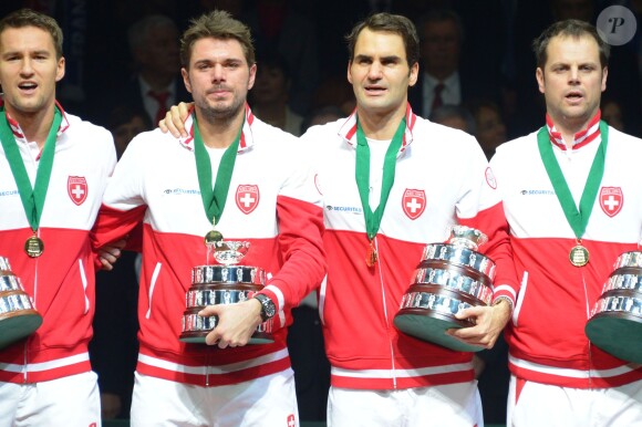 Roger Federer - Finale de la Coupe Davis au Stade Pierre Mauroy de Lille. Roger Federer remporte le match qui l'opposait à Richard Gasquet (6/4-6/2-6/2) le 23 novembre 2014.