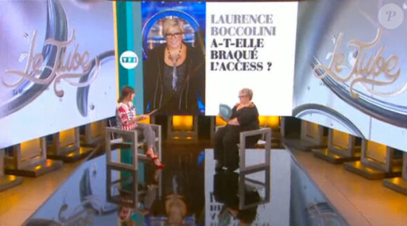 Daphné Bürki et Laurence Boccolini sur le plateau du Tube sur Canal+, le samedi 20 décembre 2014.
