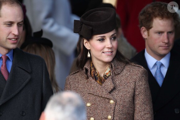 Le prince William, le duc de Cambridge, Catherine Kate Middleton, la duchesse de Cambridge enceinte et le prince Harry assistent à la messe de Noël à Sandringham, le 25 décembre 2014.