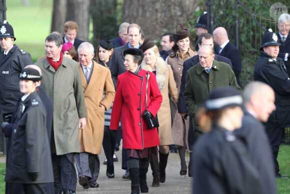 Le prince Charles, prince de Galles, la princesse Anne, Tim Laurence, le prince William, le duc de Cambridge, Catherine Kate Middleton, la duchesse de Cambridge enceinte et le prince Harry assistent à la messe de Noël à Sandringham, le 25 décembre 2014.