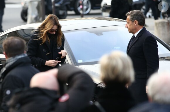 Carla Bruni et Nicolas Sarkozy - Cérémonie religieuse à la mémoire de Jacques Chancel, en l'église Saint-Germain-des-Prés, à Paris, le 6 janvier 2015.