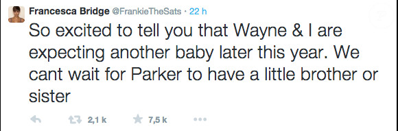 Frankie Sanford annonce sa deuxième grossesse sur Twitter le 8 janvier 2015.