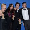 Patricia Arquette, Lorelai Linklater, Richard Linklater, Ellar Coltrane et Ethan Hawke, primés pour Boyhood, meilleur drame, lors des Golden Globes à Los Angeles le 11 janvier 2015