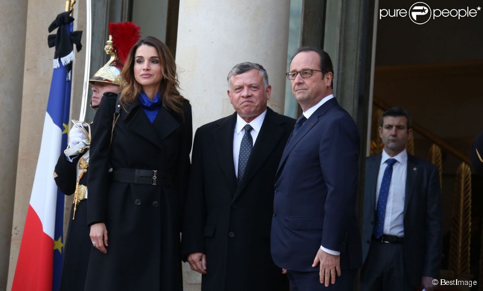  La reine Rania et le roi Abdullah II de Jordanie, quatre mois après leur précédente visite, retrouvaient le 11 janvier 2015 François Hollande à l&#039;Elysée pour prendre part à la grande marche organisée à la suite de l&#039;attentat terroriste contre Charlie Hebdo. 