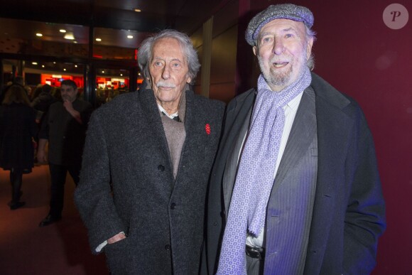 Jean Rochefort et Jean-Pierre Marielle - 10e gala de l'Association pour la Recherche sur Alzheimer avec le spectacle "2 Générations chantent pour la 3ème", créé par Pierre Souchon, à l'Olympia de Paris le 19 janvier 2015.