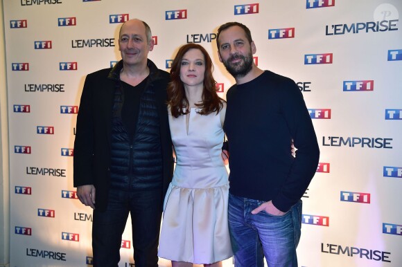 Sam Karmann, Odile Vuilemin et Fred Testot - Photocall du téléfilm "L'emprise" à l'occasion de la projection au cinéma "L'Arlequin" à Paris, le 21 janvier 2015.