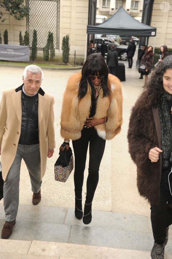 Naomi Campbell arrive à l'hôtel Salomon de Rothschild pour participer au défilé La Perla Atelier printemps-été 2015. Paris, le 26 janvier 2015.
