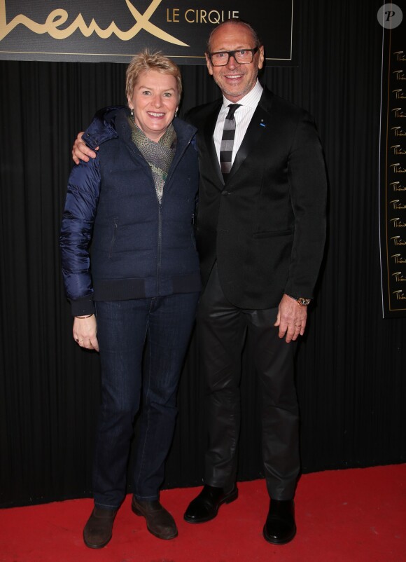 Elise Lucet et Alain Pacherie (président fondateur du cirque) à la Soirée de remise des prix du 36ème Festival Mondial du Cirque de Demain au Cirque Phenix à Paris, le 1er février 2015. 