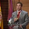 Arnold Schwarzenegger a reçu la médaille l'Ambassadeur de la ville de Madrid en présence de sa compagne Heather Milligan. Le 26 septembre 2014.