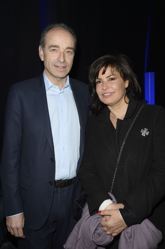 Exclusif - Jean-François Copé et sa femme Nadia dans les coulisses de la 3e Nuit de la Déprime aux Folies Bergère à Paris le 9 février 2015.