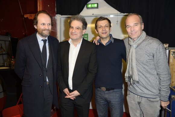 Exclusif - Jean-Marc Dumontet, Raphaël Mezrahi, Laurent Mariotte et Laurent Baffie dans les coulisses de la 3e Nuit de la Déprime aux Folies Bergère à Paris le 9 février 2015.