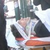 Arnaud Montebourg sur une civière, transporté à l'hôpital Bellevue à NY après avoir reçu une grande glace sur la tête au restaurant Balthazar à NY ou il prenait son petit déjeuner avec sa compagne Aurélie Filipetti le 20 février 2015.