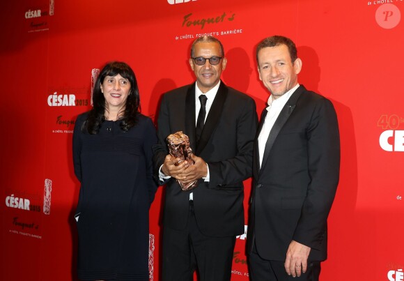 Sylvie Pialat, Abderramhane Sissako (César du Meilleur film) et Dany Boon - Photocall au Fouquet's lors de la 40ème cérémonie des César à Paris. Le 20 février 2015 