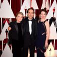 Alexandre Desplat, Dominique LeMonnier et leur fille lors de la 87e cérémonie des Oscars à Los Angeles le 22 février 2015