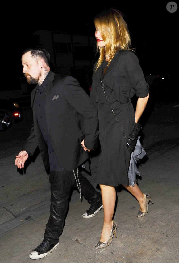 Les frères jumeaux Joel et Benji (Benjamin) Madden arrivent au restaurant Giorgio Baldi pour fêter la Saint-Valentin avec leurs femmes respectives, Nicole Richie et Cameron Diaz, à Santa Monica, le 14 février 2015.  