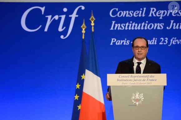Le président François Hollande - 30e dîner annuel du Conseil représentatif des institutions juives de France (Crif) à l'Hôtel Pullman à Paris, le 23 février 2015.