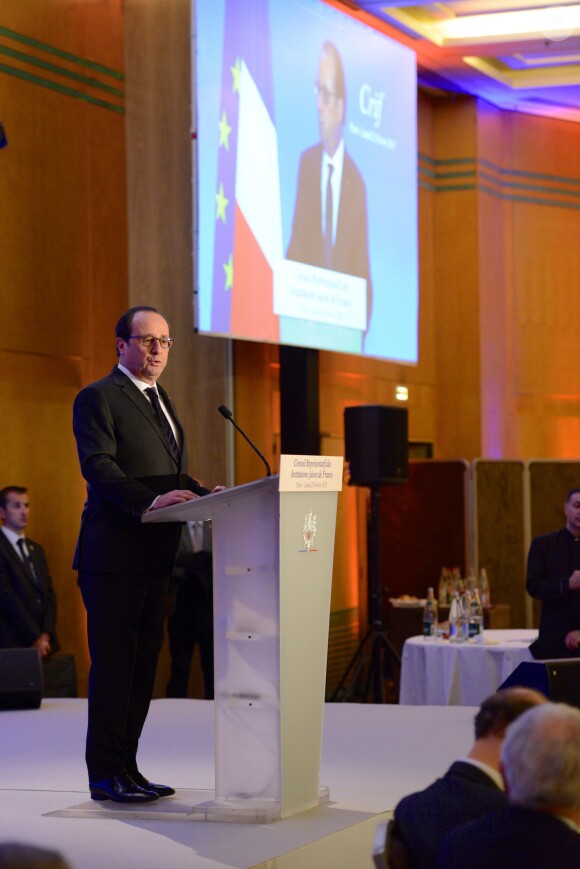 François Hollande au 30e dîner annuel du Conseil représentatif des institutions juives de France (Crif) à l'Hôtel Pullman à Paris, le 23 février 2015.