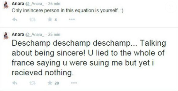 Les nouveaux tweets d'Anara Atanes, la girlfriend de Samir Nasri, contre Didier Deschamps. Postés le 24 février 2015, ils sont désormais effacés.