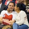 Franck Ribéry et son épouse Wahiba Belhami, lors d'un match de basket entre le FC Bayern Munich et le Maccabi Tel Aviv à Munich, le 3 avril 2014