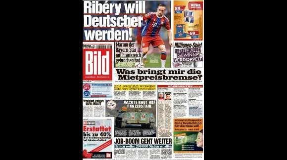 Franck Ribéry en Une du journal "Bild" le 26 février 2015. Il déclare penser à prendre la nationalité allemande.