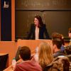 Aurélie Filippetti donne une conférence à l'université de Princetown (New Jersey) le 18 février 2015 sous les yeux de son compagnon Arnaud Montebourg.