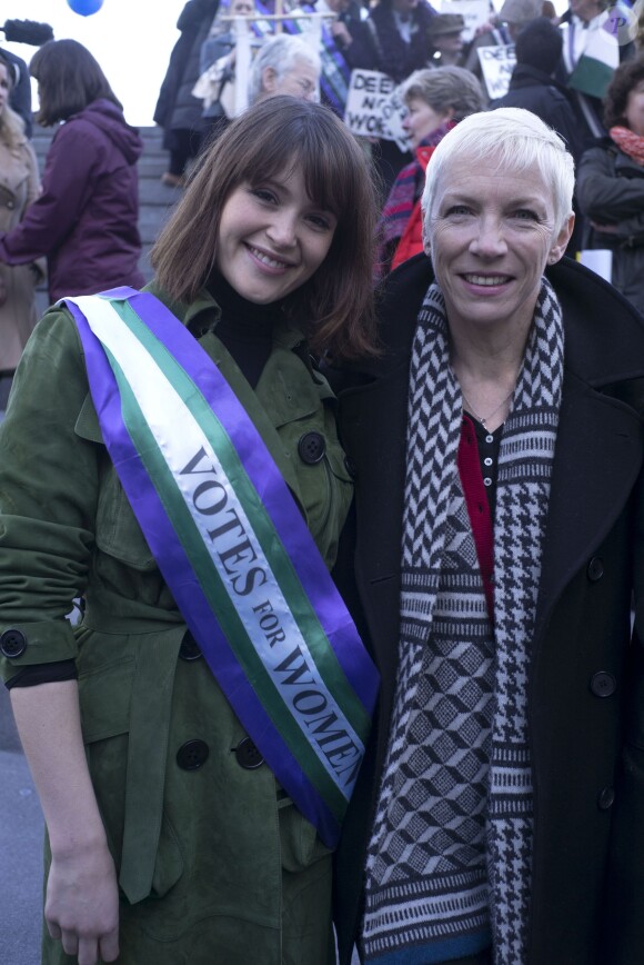 Gemma Arterton et Annie Lennox lors de la journée de la femme à Londres, le 8 mars 2015  