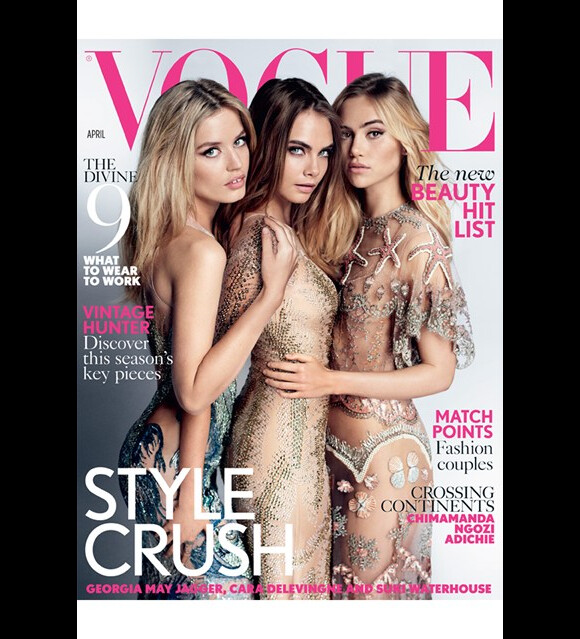 Georgia May Jagger, Cara Delevingne et Suki Waterhouse photographiées par Mario Testino pour British Vogue. Numéro d'avril 2015.