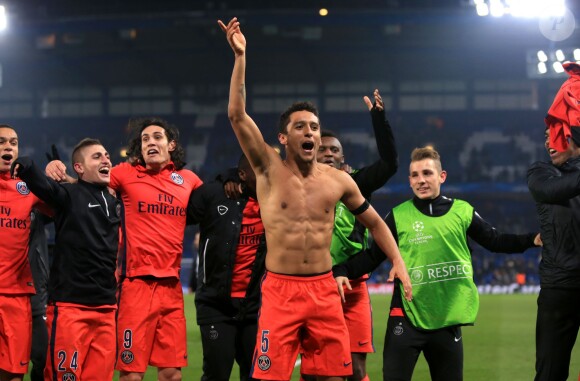 Marquinhos et ses coéquipiers après la qualification du PSG en quart de finale de la Ligue des champions, le 11 mars 2015 à  Stamford Bridge à Londres