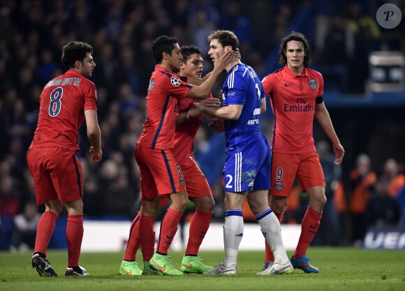 Marquinhos lors du huitième de finale de Ligue des champions, le 11 mars 2015 à  Stamford Bridge à Londres face à Chelsea